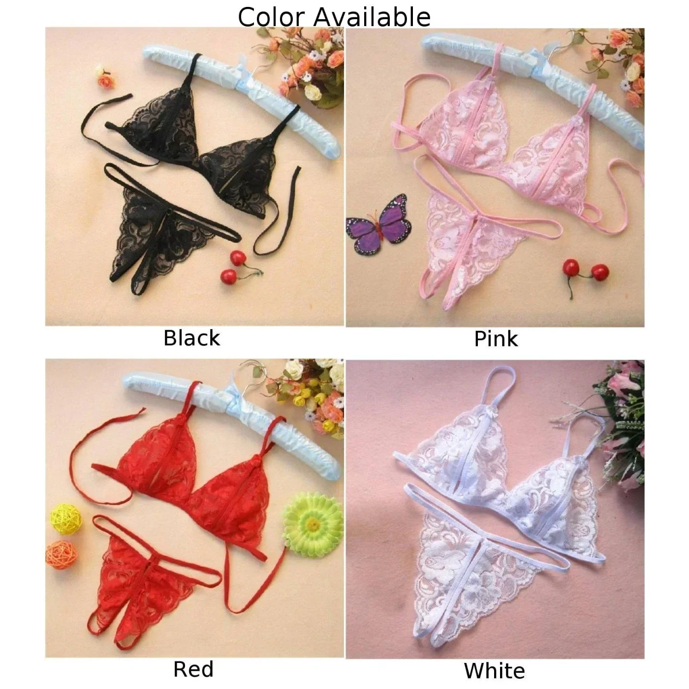 Sexy Women Seductive Underwear Suit Lace Bra Crotchless Thong Panties Erotic Sleepwear Three Point Perspective Nightwear 2pcs