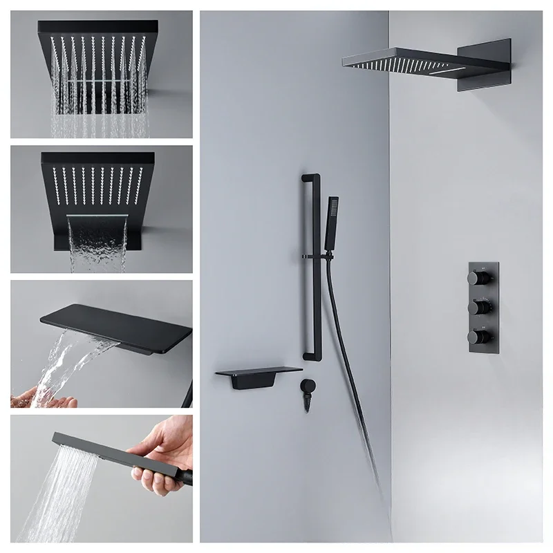 

temperature intelligent black concealed shower lift rod embedded in wall four-function waterfall bath shower