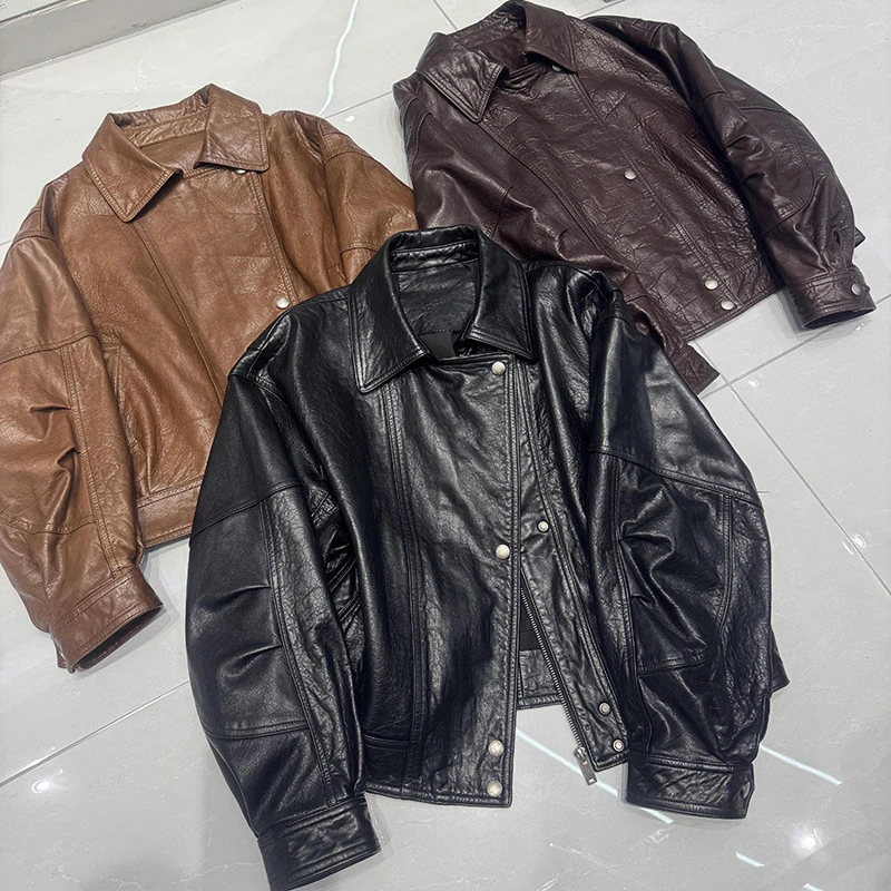 Casual Motorcycle Leather Jacket for Women 2026 New Retro Oil Waxes Leather Female Lapel Loose A-level Sheepskin Jacket Coat
