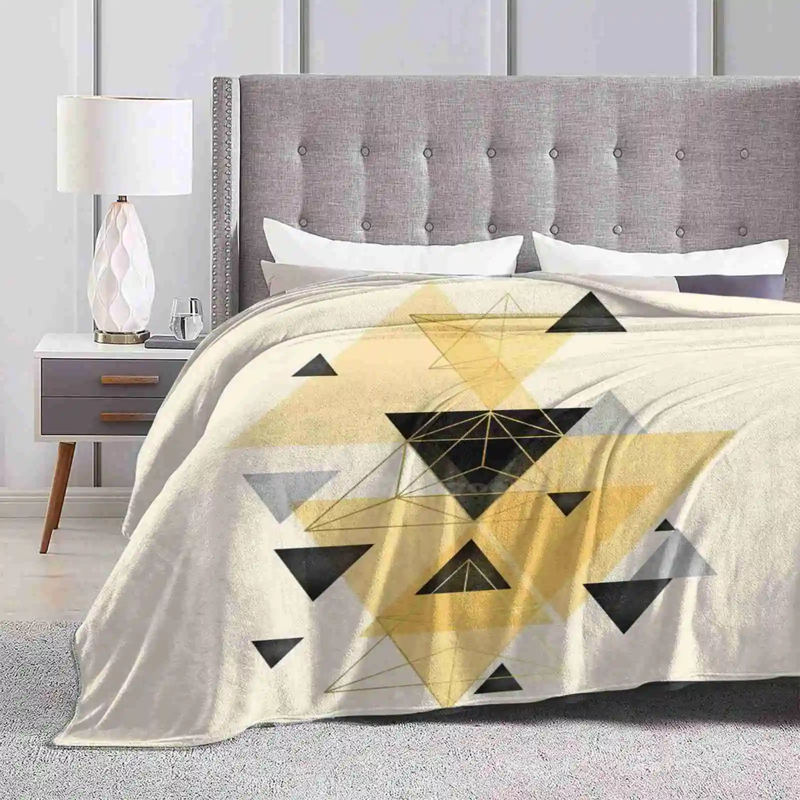 Yellow Geo Soft Warm Light Thin Blanket Yellow And Black Geometric Design Gold Metalic Metallic Scandinavian Modern Bright Grey