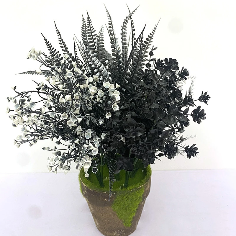 Halloween Black Artificial Plant Vine Eucalyptus Persian Fern Leaf Plastic Fake Flower Grass Home Party Garden Decor Photo Props