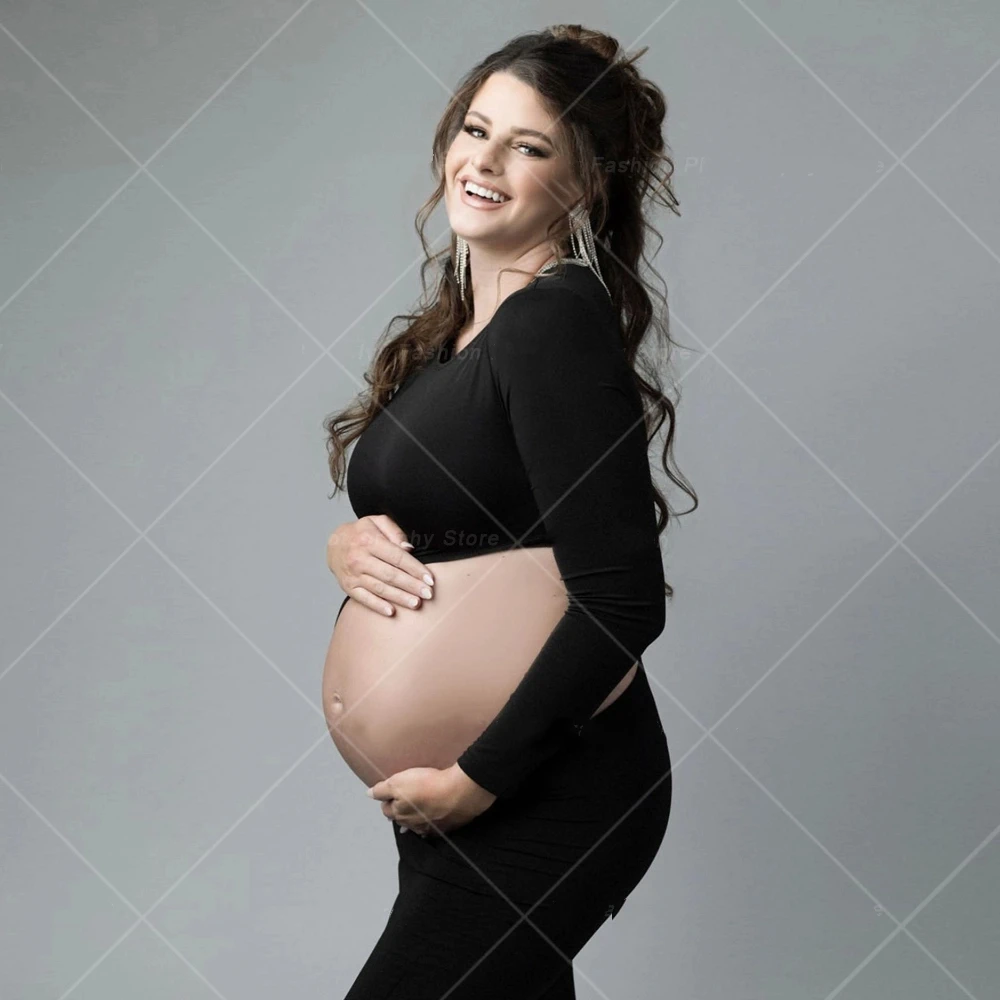 Maternity Photo Shooting Slim Fit Exposed Belly Pregnancy Dress Elastic Fabric Two Piece Set Photography Dress For Women