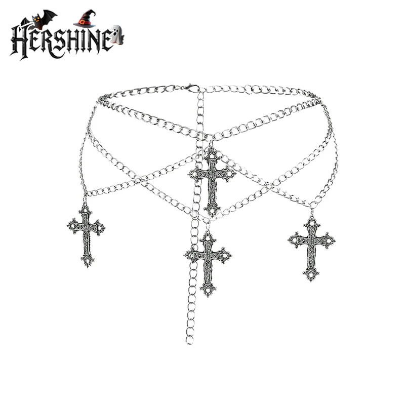 HERSHINE 1 piece women's silver retro four flower vine cross waist chain Y2K Gothic style punk style street hip hop Halloween