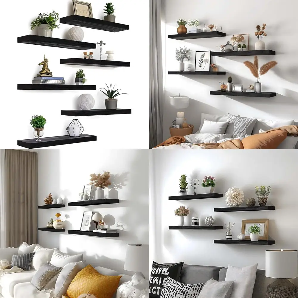 

Rustic Set of 6 Floating Shelves - Black Wood Wall Decor for Bedroom