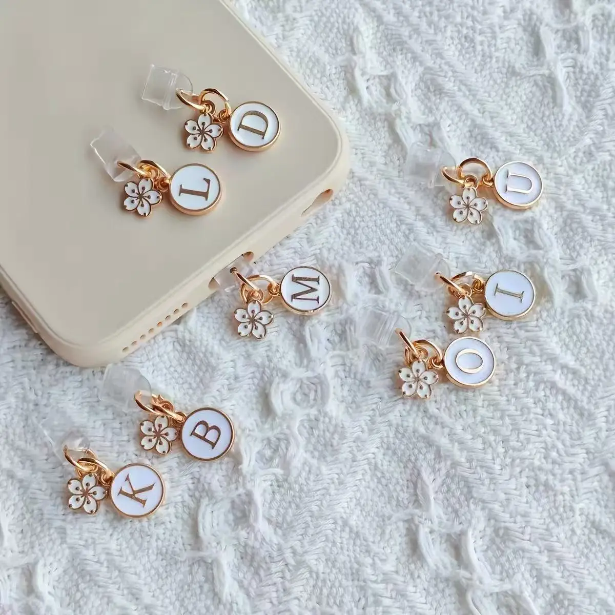 2PCS Luxury Personalized Initial Letter Sakura Phone Dust Plug Decor Accessory For Type-C Universal Charging Port Decoration