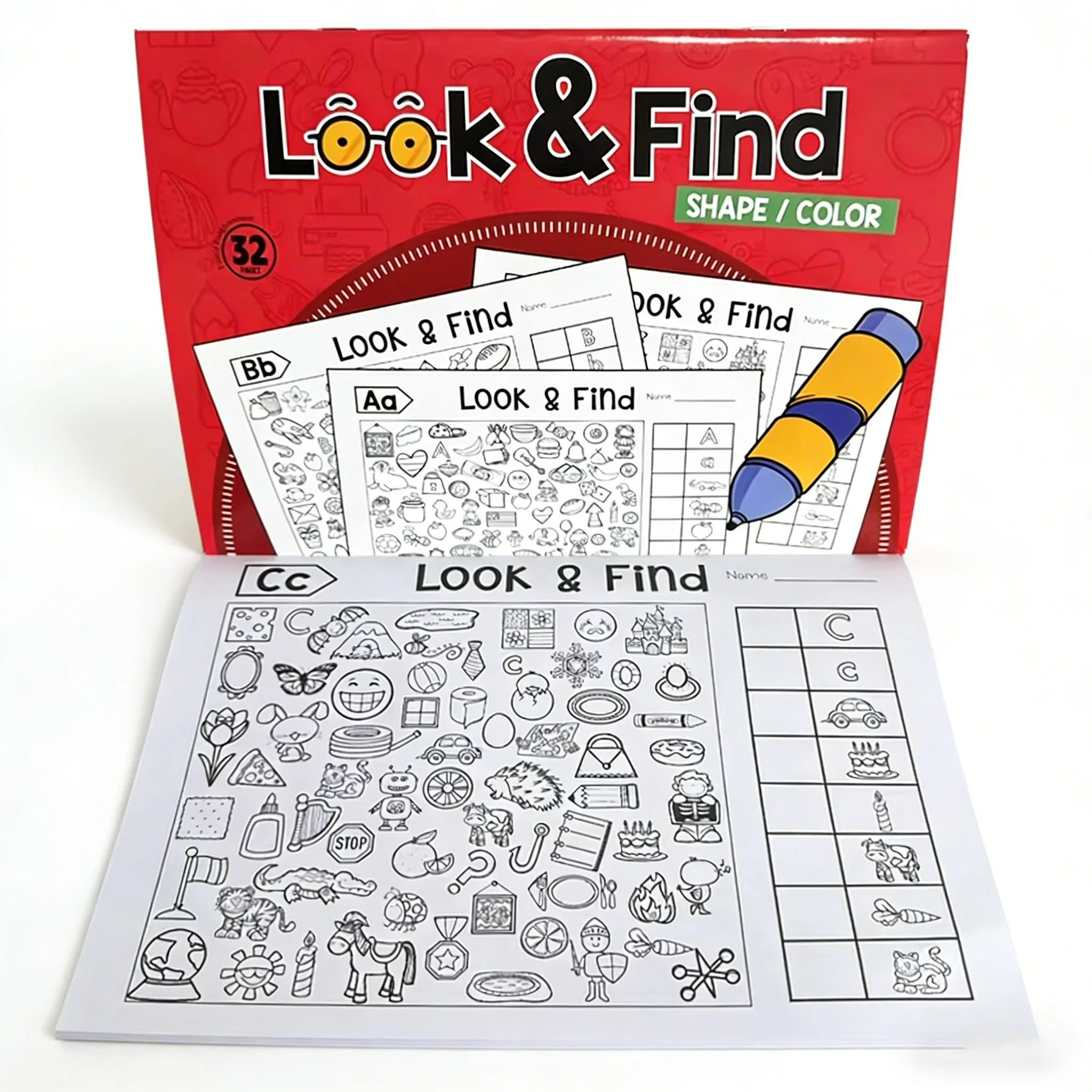 Look and Find Shape/Color Workbook Children's Search for Items Game, Enhance Visual Perception, Handwriting Exercise Book