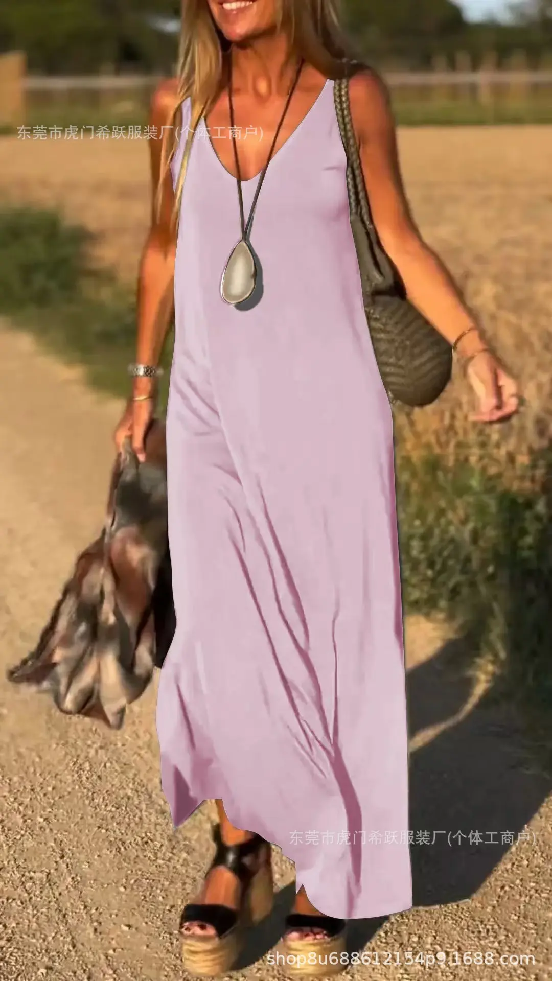 2025 Primavera E L'estate Nuove Vacanza Casual Abito da Donna Alla Moda di Colore Solido Senza Maniche Sexy Alla Moda con Scollo a V Gonna Lunga Allentata