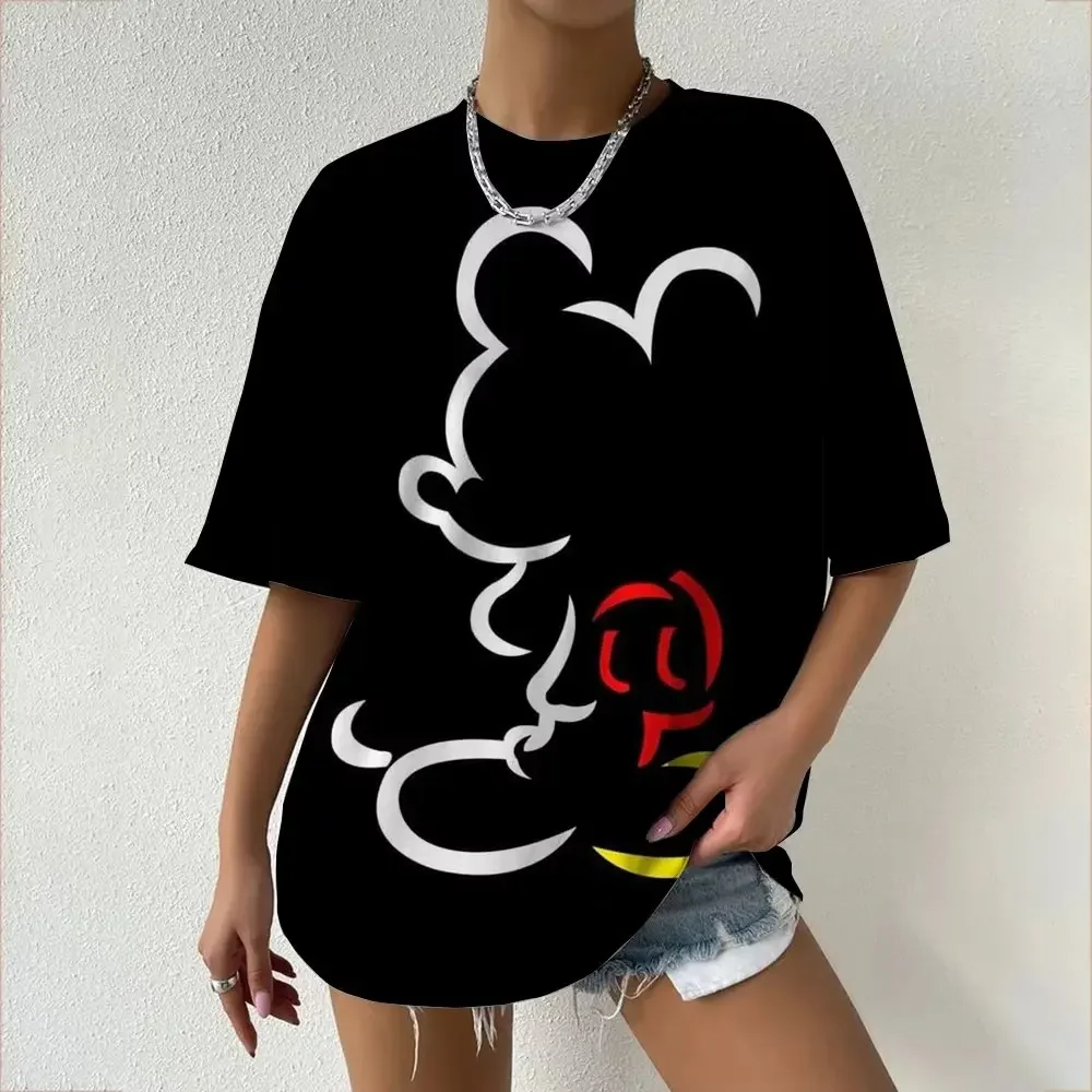 المرأة تي شيرت ديزني ميكي ميني ماوس لطيف الكرتون طباعة الصيف عادية القطن قصير الأكمام المحملة موضة الشارع الشهير Y2k القمم