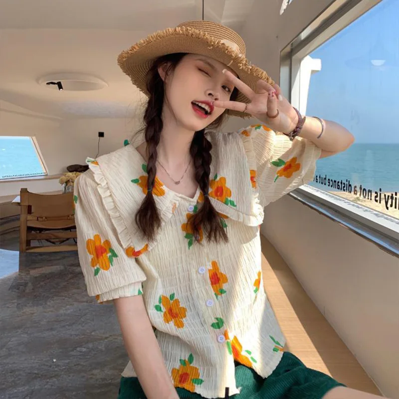 French Style Doll Collar Short Sleeves Floral Shirt for Women\'s Summer New Casual Beautiful Sweet Vitality Girl Chic Shirt Top