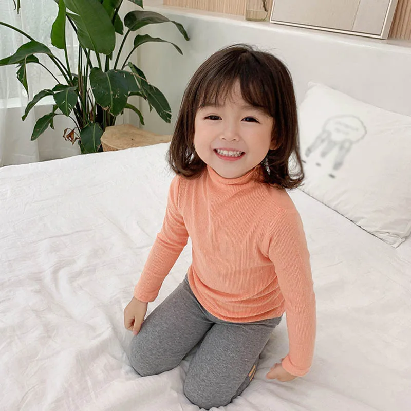 Autumn Children\'s Clothing Toddler Girls T-Shirt Kids Clothes Solid Half High Collar Tops Long Sleeve Baby Clothing Cotton Tee