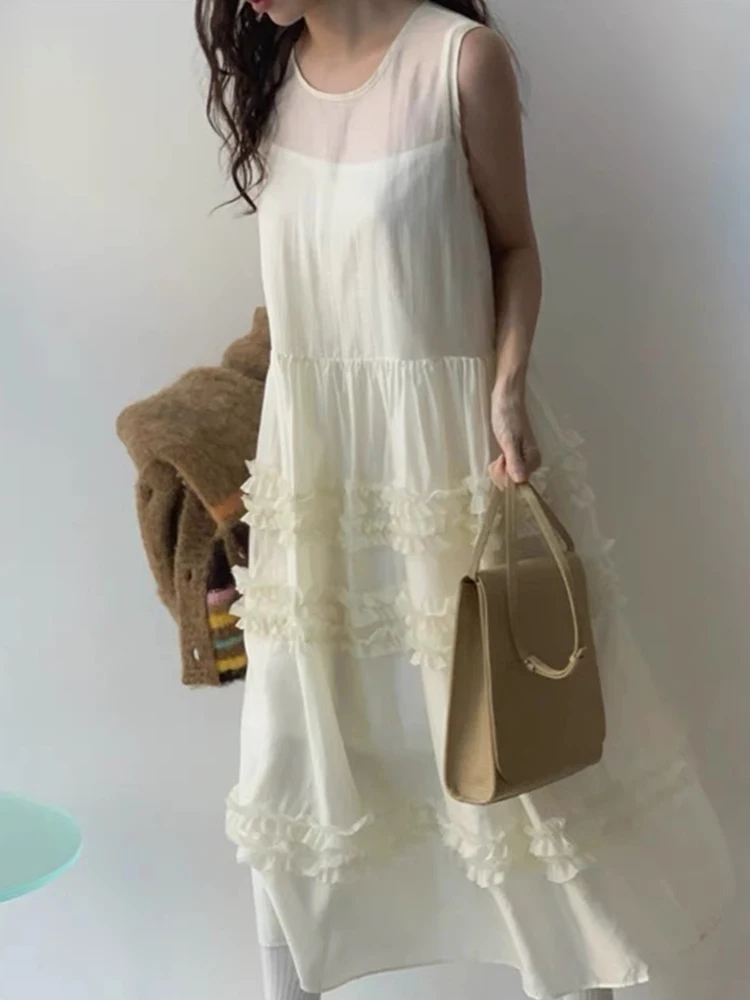 Chique vintage em torno do pescoço sem mangas colete vestido em camadas bolo saia longa primavera moda fena viagem cintur...