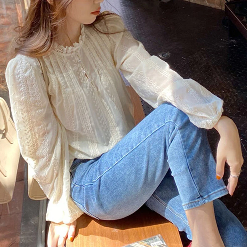 Camicetta elegante da donna in pizzo nuova primavera autunno manica lunga camicia casual da ufficio allentata colletto alla coreana da donna top semplice
