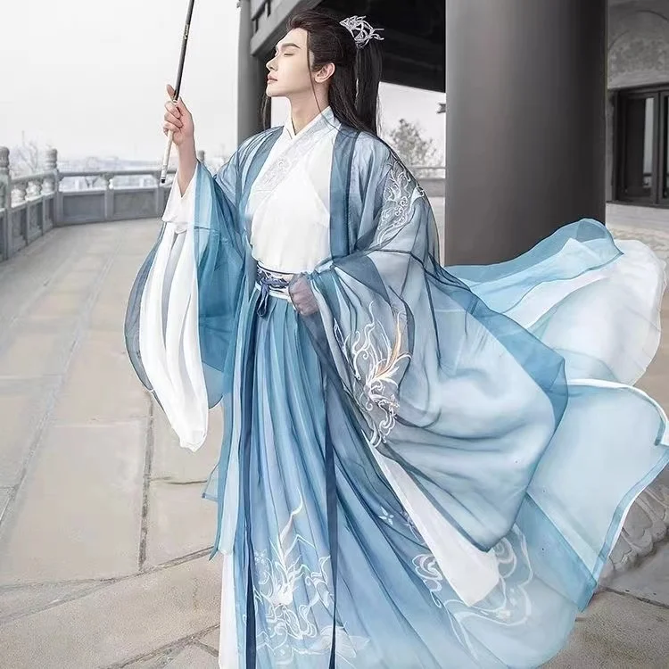 Men Hanfu Chinese Traditional Costume Set Weijin Period Chiffon Corset Confucian Dress Gentleman Cosplay Show Clothing Hanfu