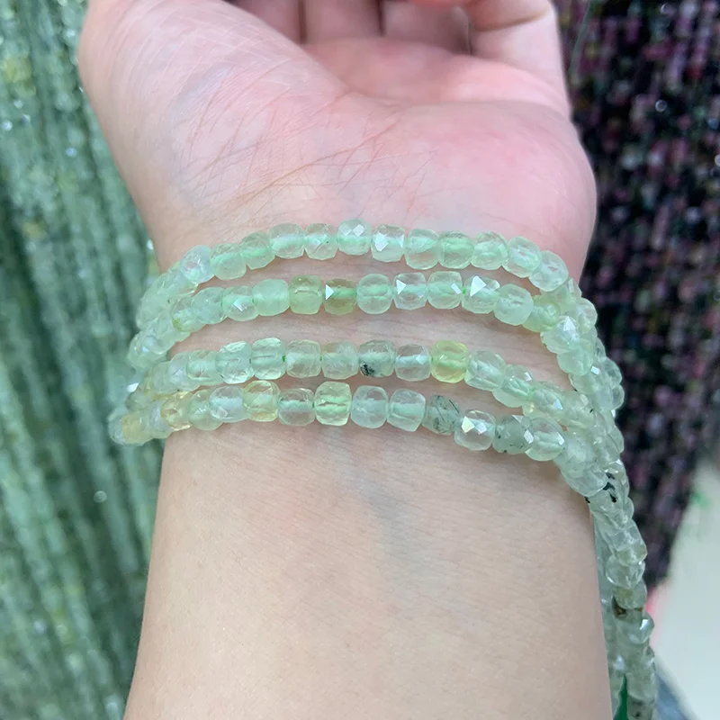 4mm Natural Prehnite Stone Beads 15'' Faceted Cube DIY Beads For Jewelry Making Bracelet Necklace For Women Men Gift Accessory