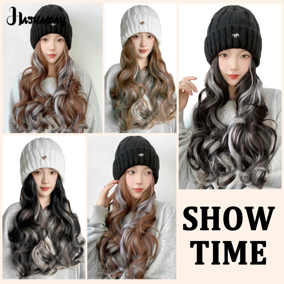 Synthetic Hats Wig Women's Fashion Knitted Hats In Autumn And Winter Highlights Long Curly Hair Wool Wig Hats Full Head Wig Hat