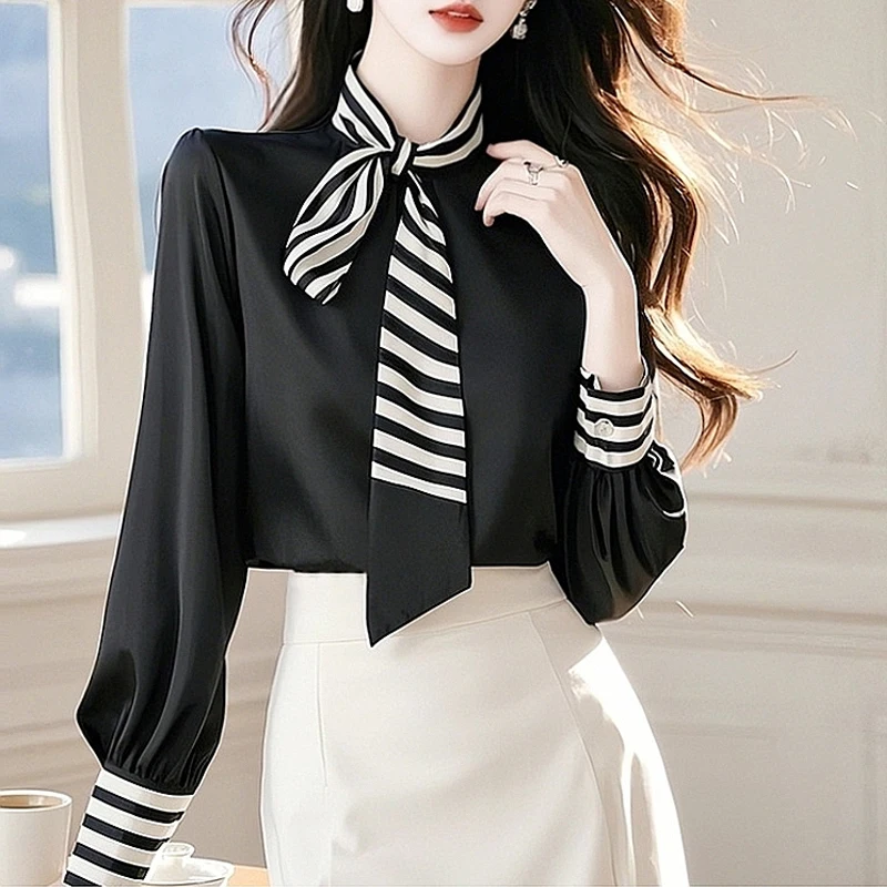 Frühling Neue Schwarz Gestreiften Band Hemd Für Frauen Nische High-end-Büro Dame Pullover Lange Ärmeln Einfache Vielseitig top