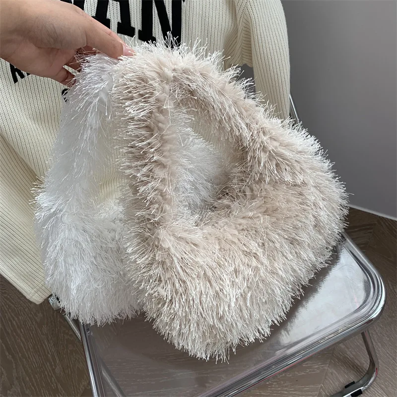 Candy Color Women\'s Soft Plush Shoulder Bags Winter Faux Fur Ladies Hobos Purse Handbags Female Fluffy Underarm Bag Small Tote