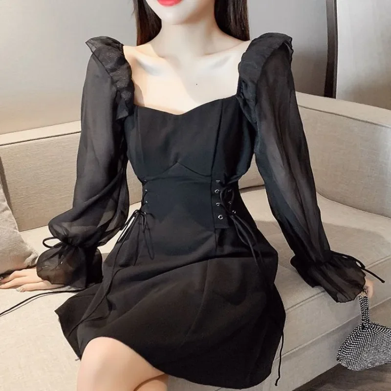 Woman Long Sleeve Dress Chiffon White Dresses for Women Black Sensual Sexy Clothing A Line Loose Trendy Kpop Curvy Elegant Chic