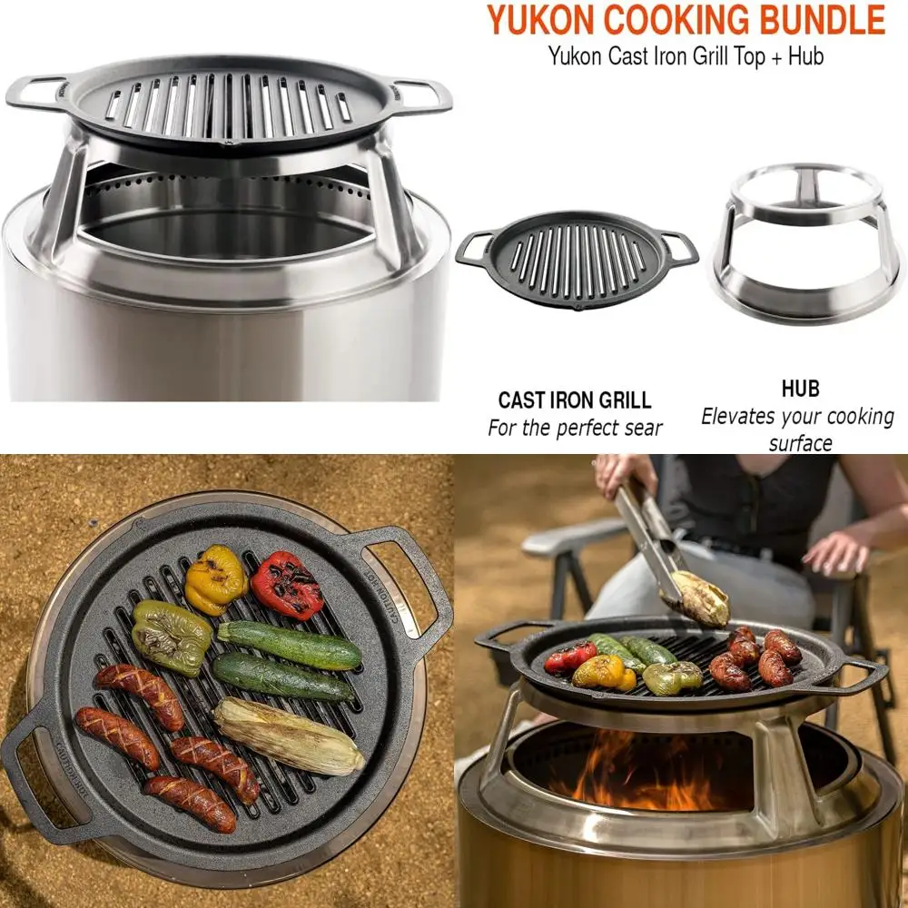 

Чугунная верхняя часть гриля Yukon со ступицей из нержавеющей стали, 8-дюймовый приподнятый гриль для одиночной печи Yukon Fire Pit