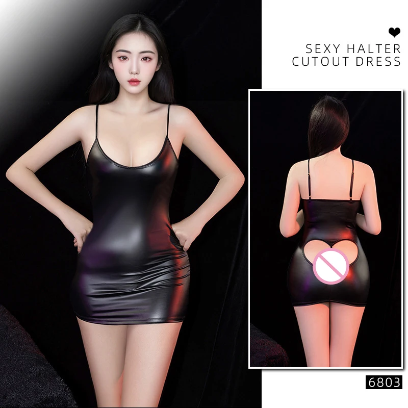 Sexy vestido erótico de couro falso em forma de coração sem costas vestido curto preto saias quentes oco bodysuit para mulher uniforme de empregada exótica