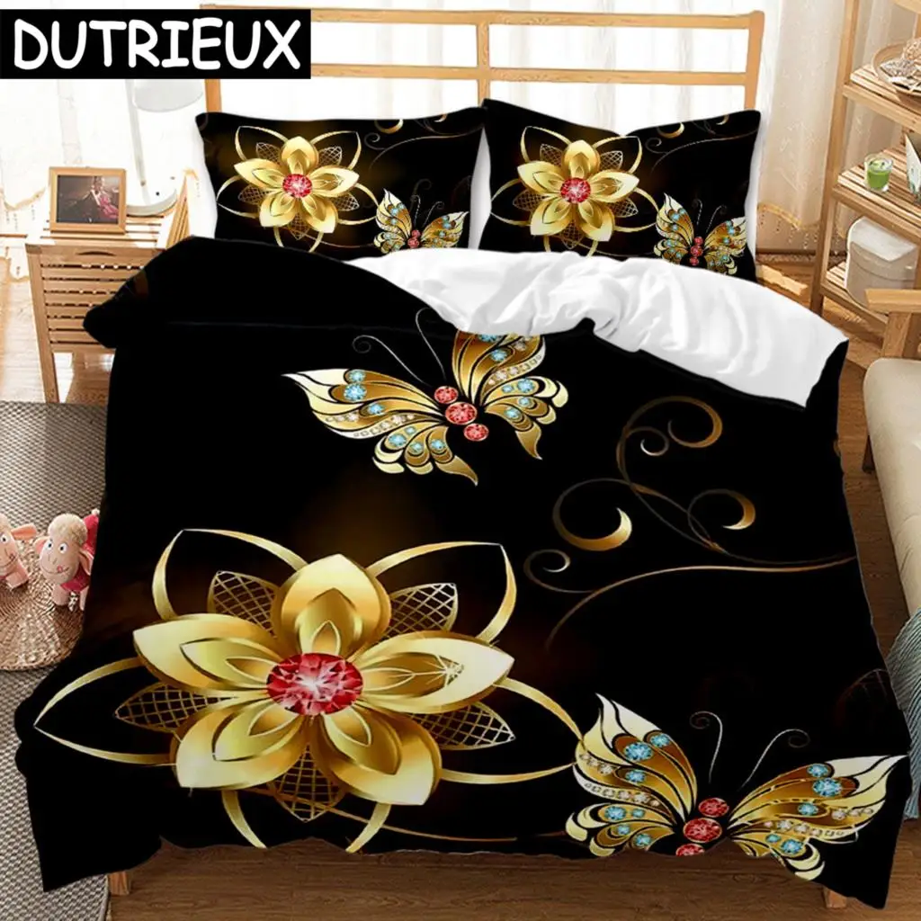 

Golden Butterfly Duvet Cover Set King Queen Size Pretty Blue Butterfly Bedding Set Women 2/3pcs Polyester Comforter Cover