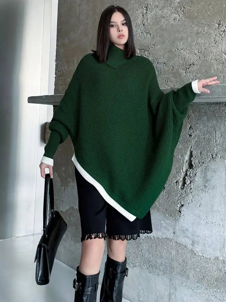 

Зеленый нерегулярный вязаный свитер большого размера, водолазка с длинным рукавом, женские пуловеры, новая мода, весна-осень