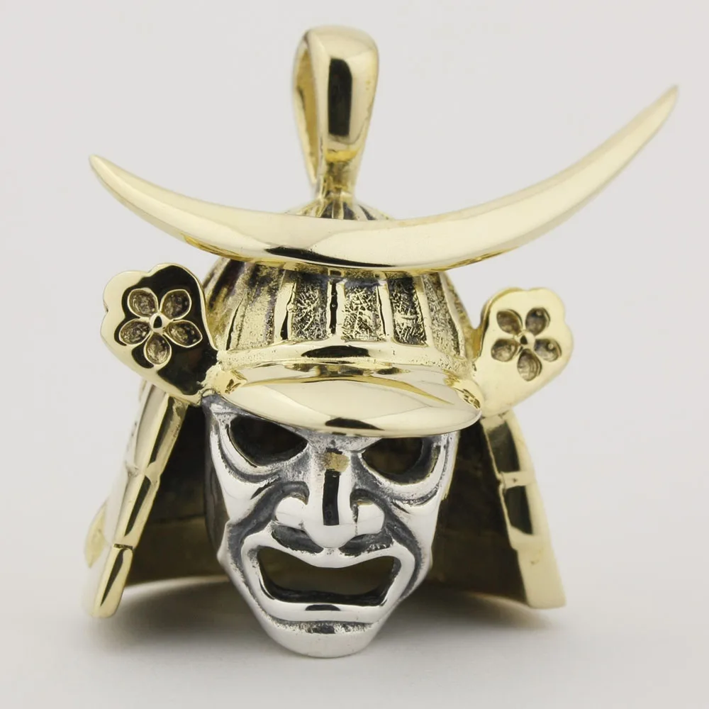 Brass Japanese Samurai Armor 925 Sterling Silver Face Pendant 8Q024