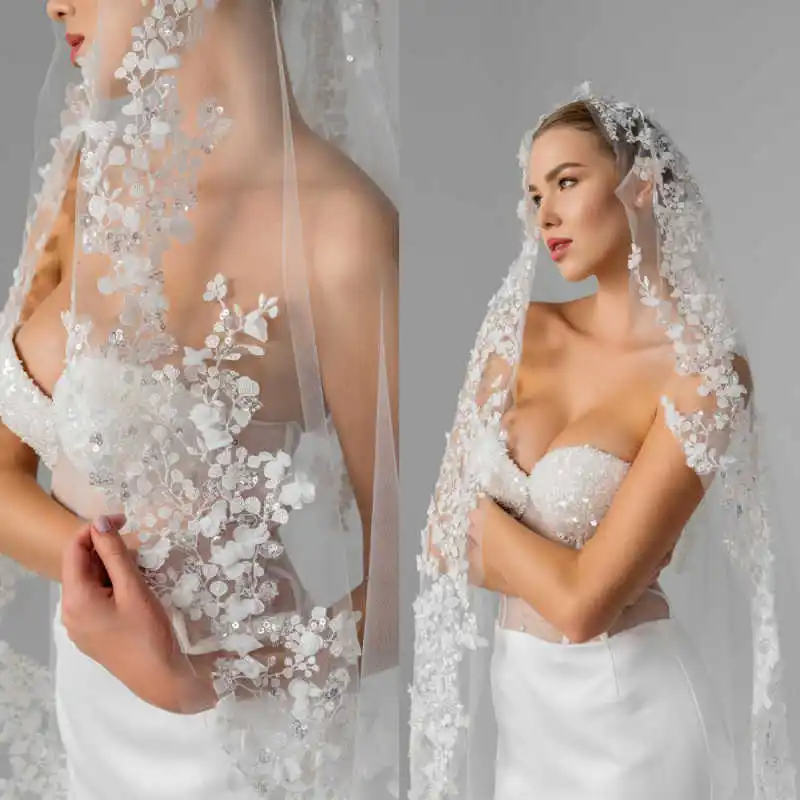 طرحة زفاف لامعة مزينة بالترتر طول الكاتدرائية طبقة واحدة حجاب الزفاف حافة مزخرفة للعروس فيلو دي كابيزا مخصصة #1