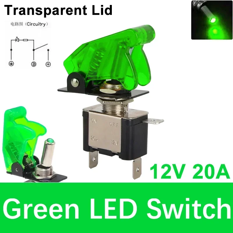 Beleuchteter LED-Kippschalter für Auto, Auto, Boot, LKW, mit Sicherheitsflugzeug, hochklappbarer Abdeckungsschutz, 12 V, 20 A, transparent