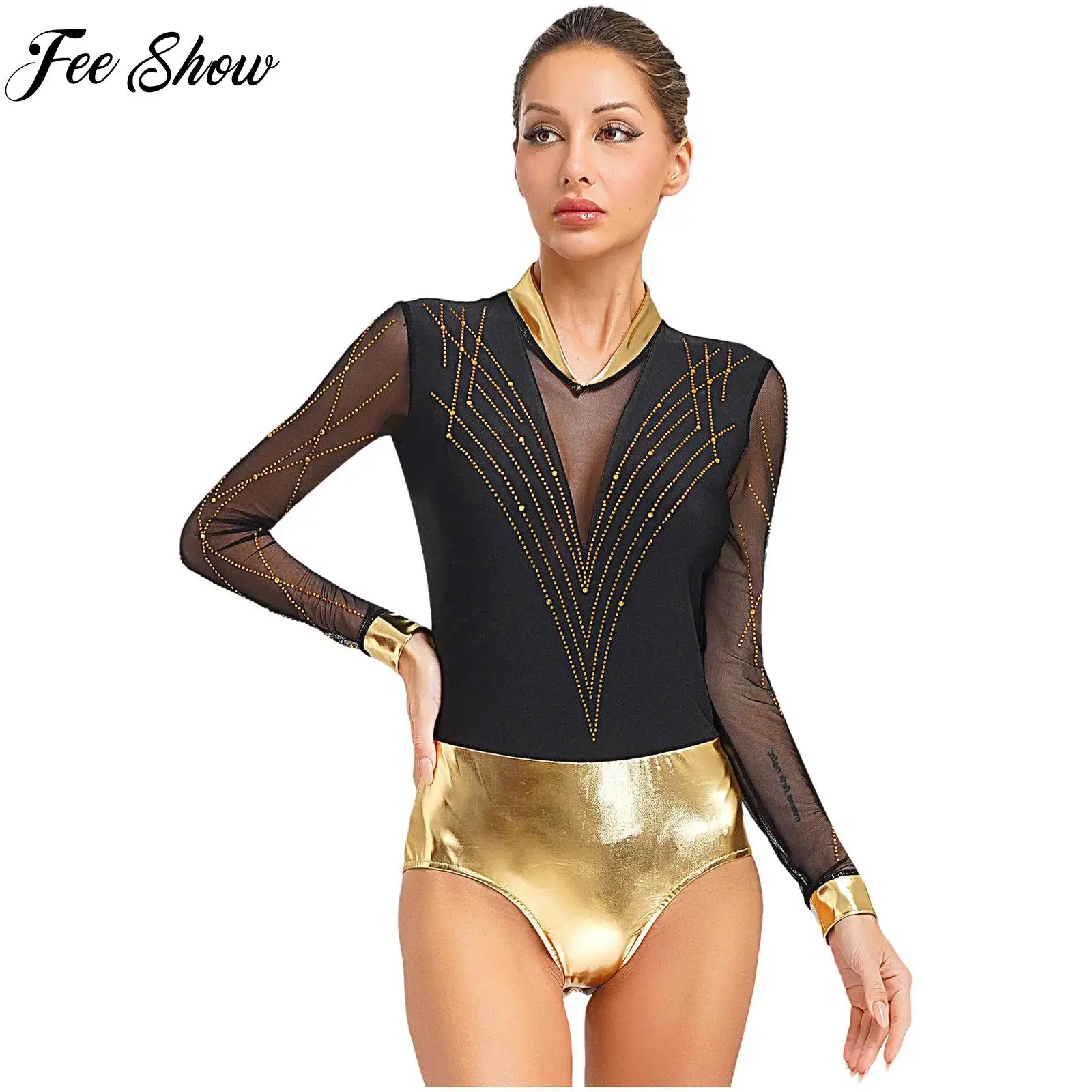 

Figure Skating Dance Bodysuit for Womens Shiny Rhinestones Long Sleeves Mesh Leotards Bodysuits for Ballet Gymnastics Dancewear