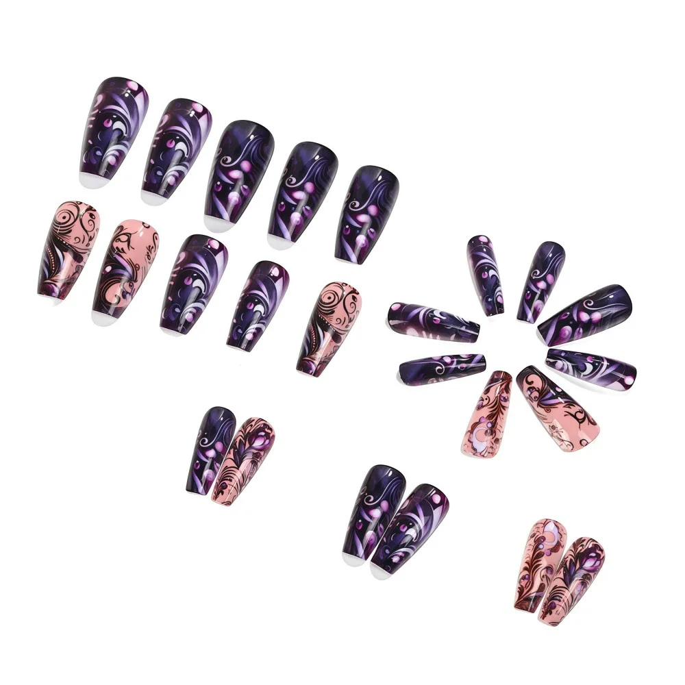 Medium fake nails for women girls fashion purple black flora strips design full cover ballet nail tips press on false nail art