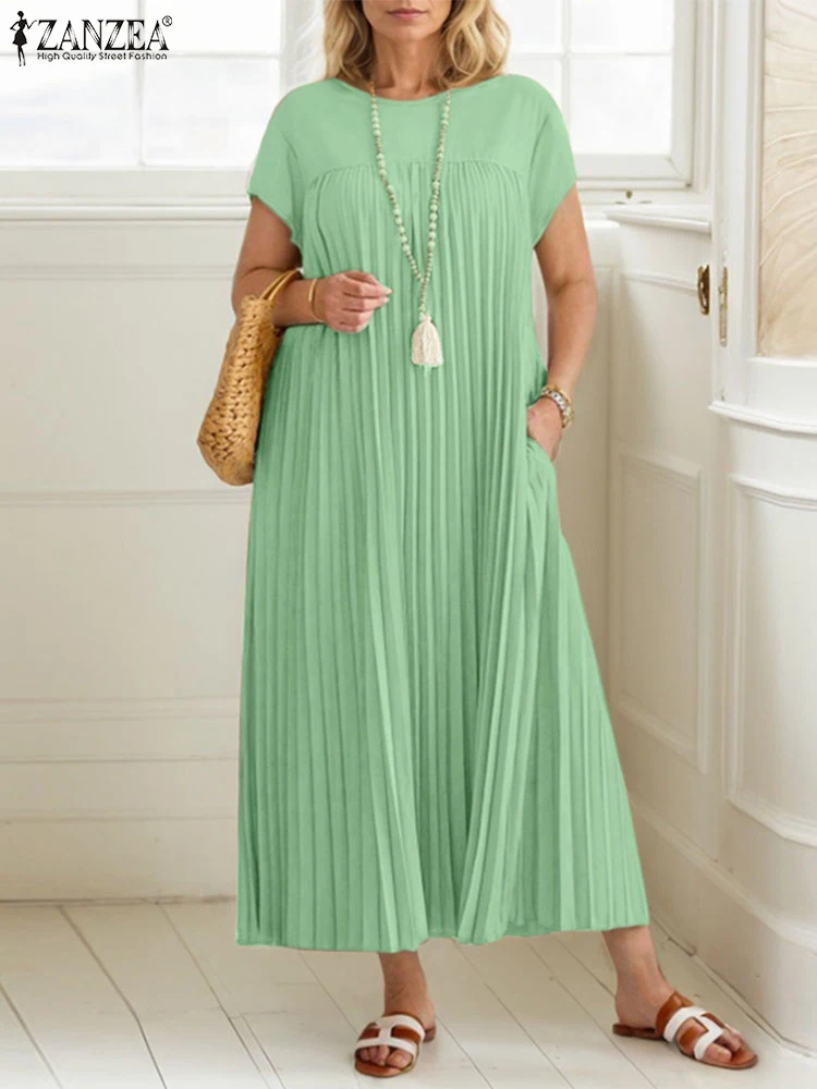 ZANZEA แฟชั่นจีบ Vestidos หลวม O-คอ Seamed แขนสั้นเสื้อยืดชุดลําลอง 2025 ฤดูร้อนสีทึบผู้หญิงชุด Midi