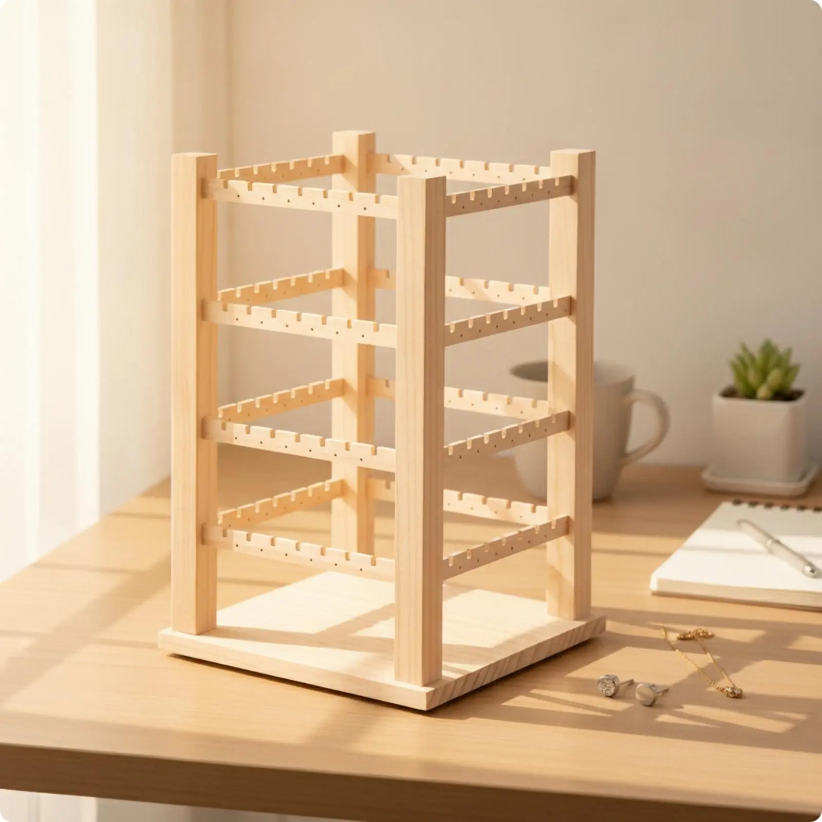 Wooden Earring Storage Rack Solid Wood Rotating Earring Organizer Stand Rotating Jewelry Rack with Slotted Rails Sturdy