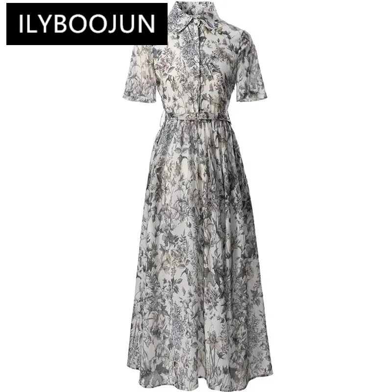 

Spring Summer Women's Dress Cotton Turn-Down Collar Short-Sleeved Single-Breasted Print Lace-UP Holiday Dresses