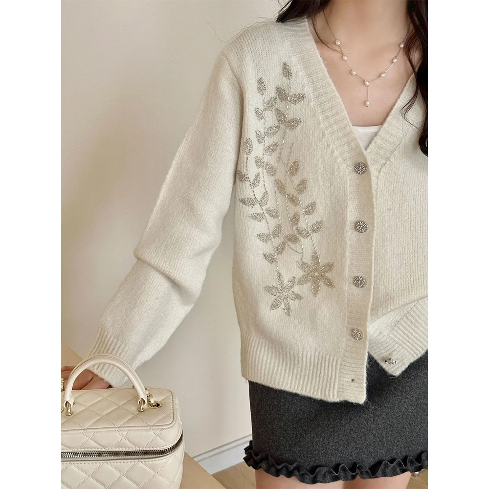 

Chic Beading Floral Print Women's Sweater Solid V-neck One Breasted Full Sleeve Loose Cardigan Coat Female Fall Winter Warm Tops