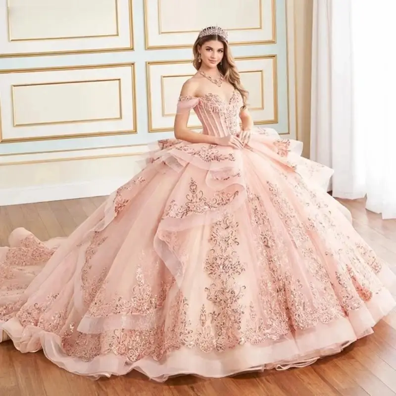 

Glitter Blush Pink Quinceanera Dress Ball Gown Lace Applique Beads Tiered Corset Sweet 16 Vestidos De 15 Años