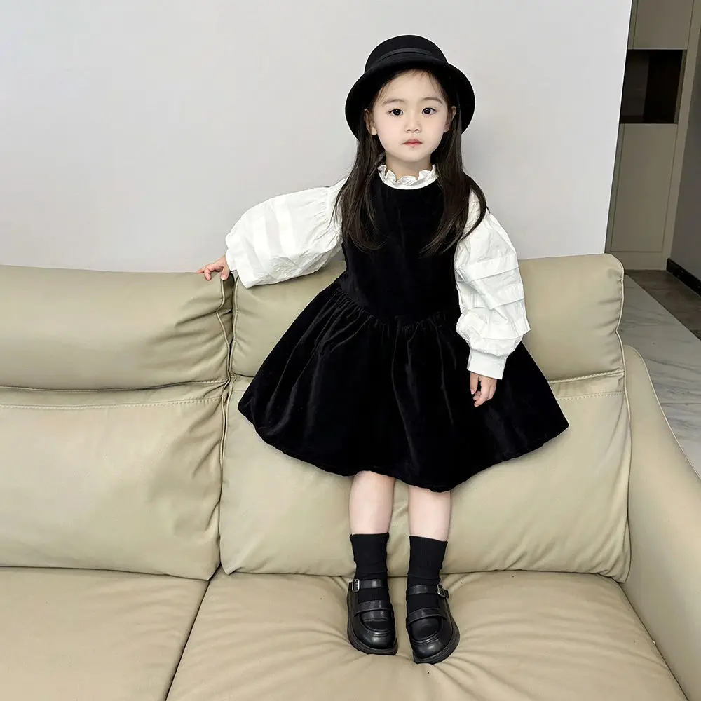 

Autumn and Winter Girls' Dress Set New Design Sense Black Children's Velvet Skirt+Long Sleeve Shirt 2-piece Set