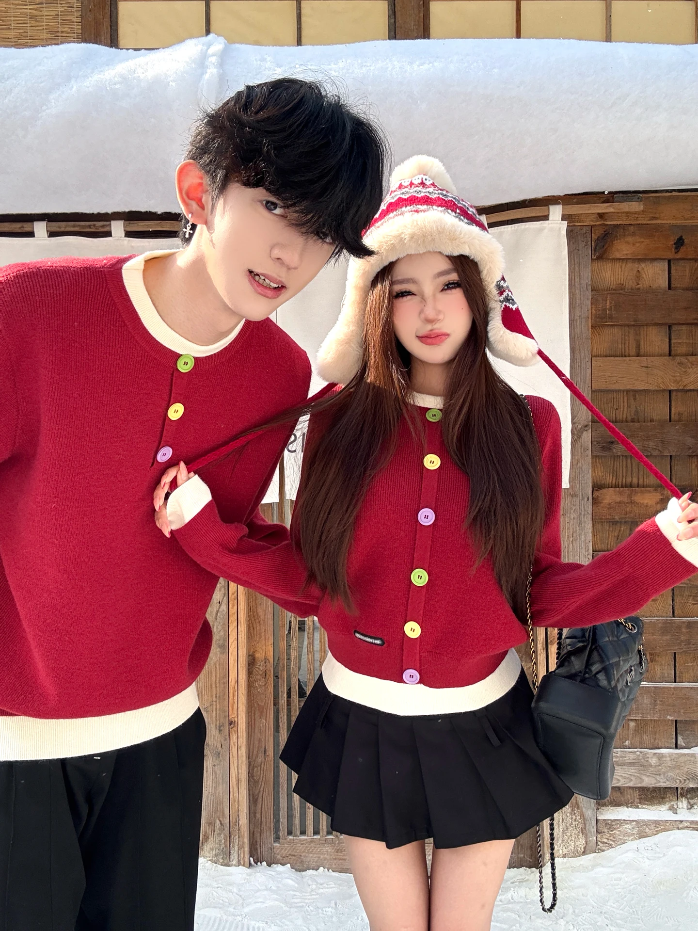 Red Knitted Sweater Couple Matching Long Short Set New Year Atmosphere Women's Men's Casual Style Comfortable Soft Fabric