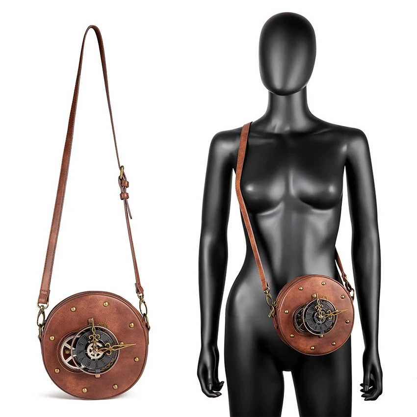 

Steampunk Circular Bag PU Leather Halloween Medieval Vintage Cosplay Anime Women Clock Shoulder Gothic Funny Messenger Bag