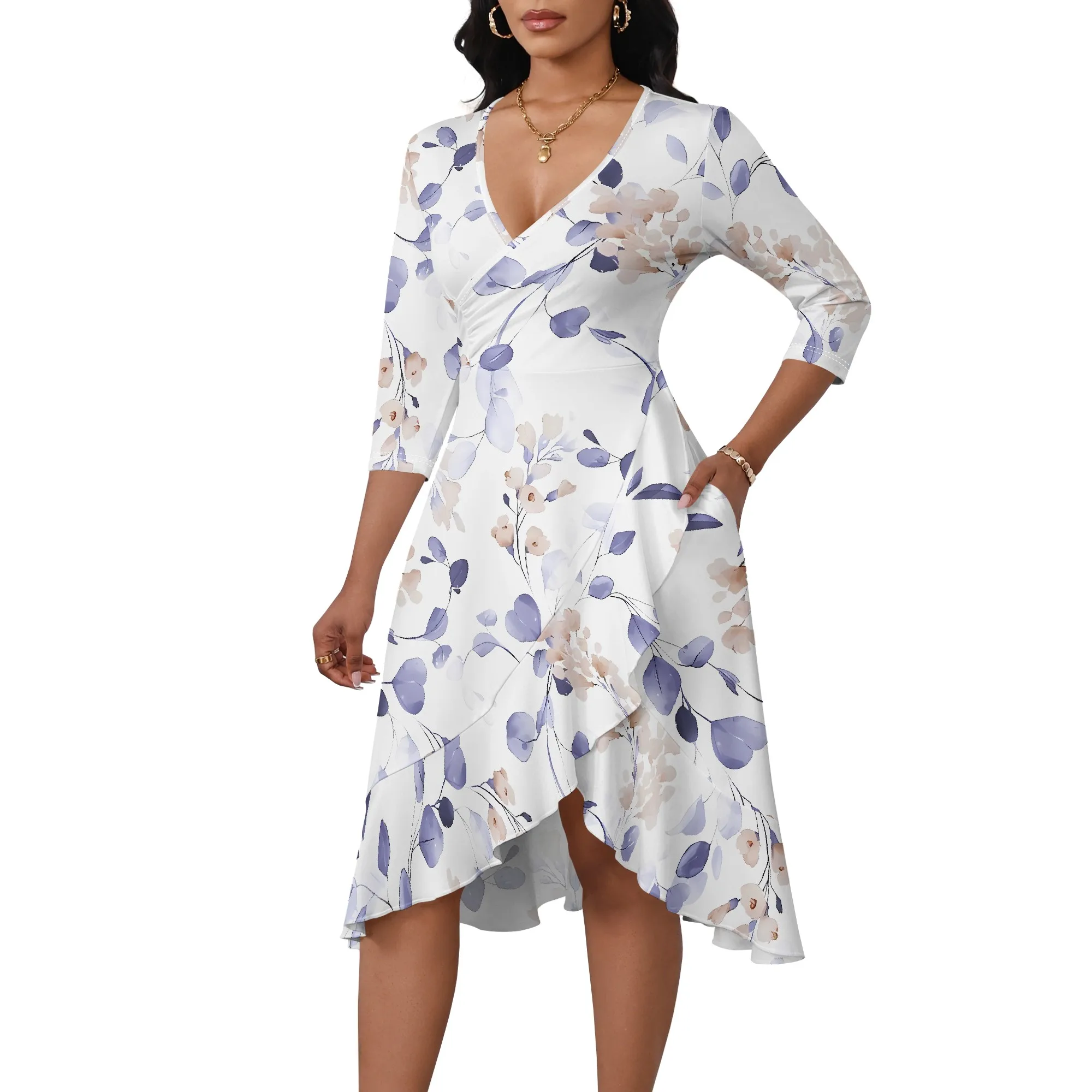 EQQZD 여성용 3/4 슬리브 V 넥 꽃 프린트 드레스, 포켓 및 러플 밑단이 있는 Boho Chic 여름 드레스
