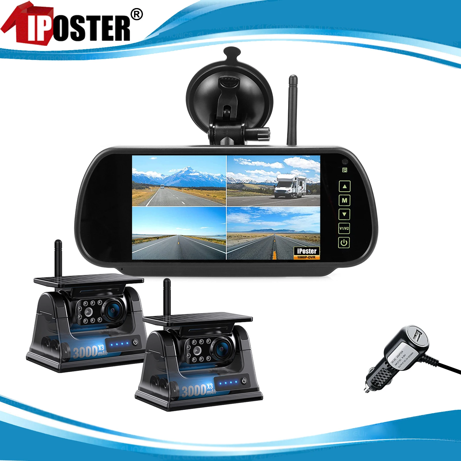 iPoster Digital Wireless 7 Inch QUAD Monitor DVR Video Recording+2x Solar Panel Magnetic Base Rear View Reversing Camera Truck