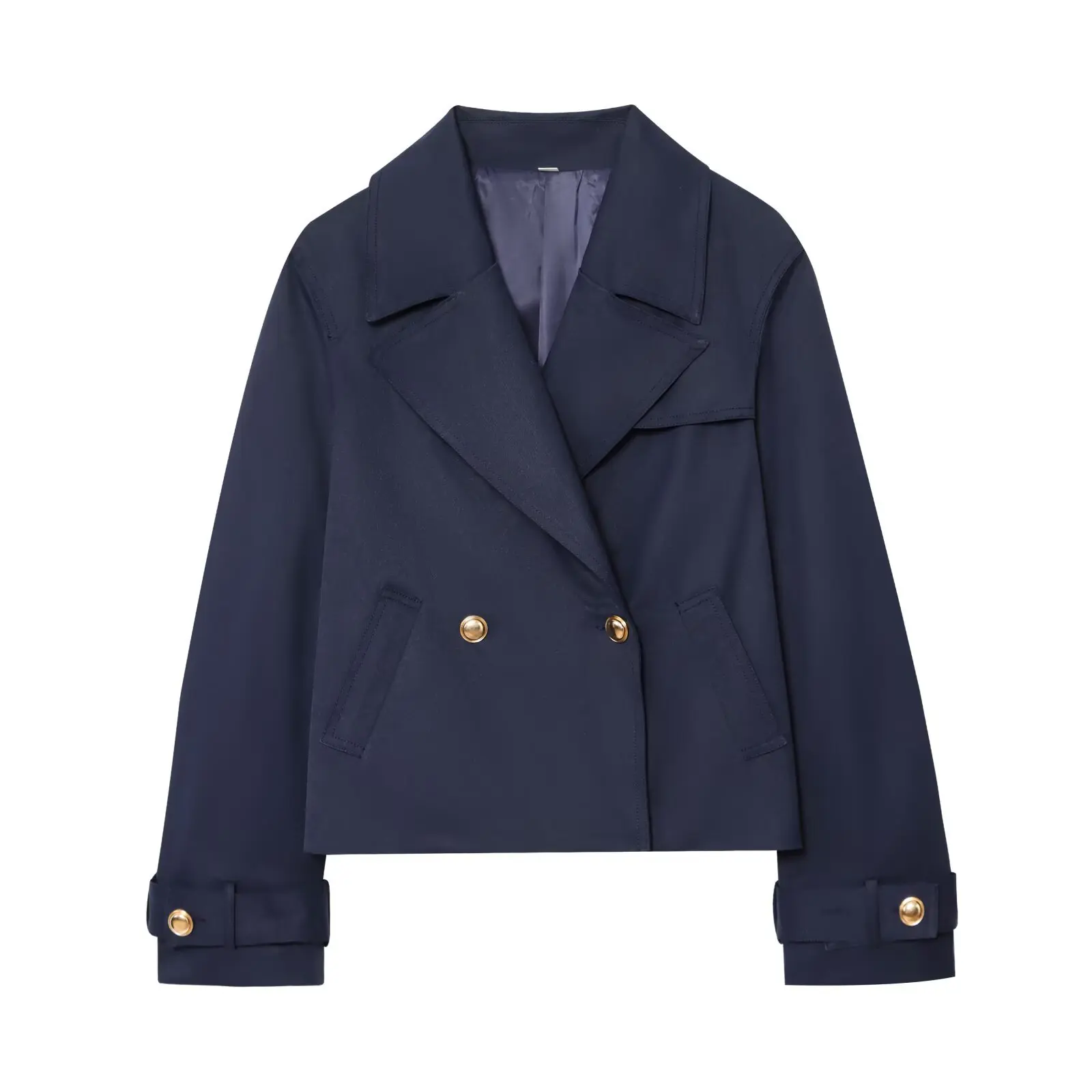 

Women Double-Breasted Short Windbreaker Navy Blue Slim Trench Coat 2025 Spring Fall Fashion Commute Elegant Lady Coat