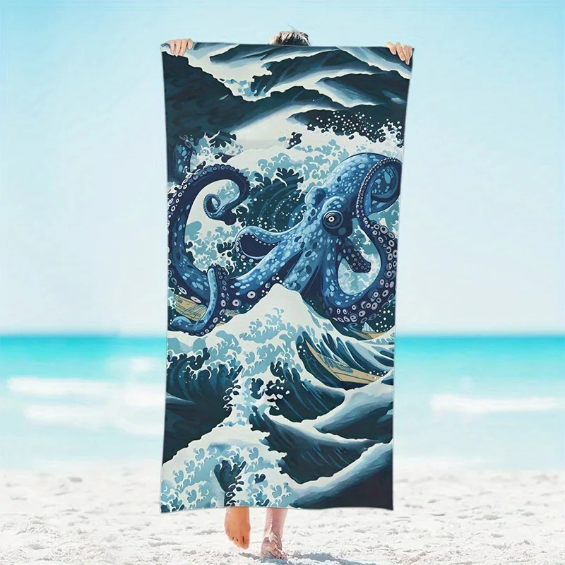 Strandtuch mit Ozean-Oktopus-Wellenmuster, Sonnenschutz, winddicht, geeignet für Pool, Camping und Reisen_voghion.com