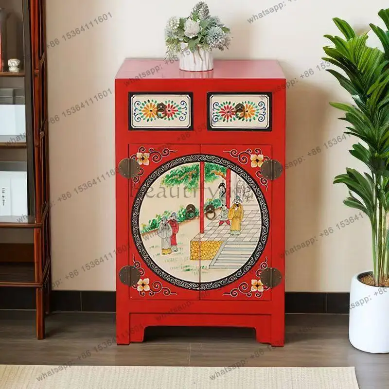 Chinese painted bedside table retro hand painted all solid wood edge cabinet