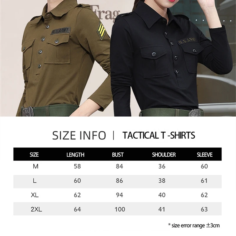 Camping Hiking Army Fans Cotton Long Sleeve T-Shirt Spring Summer Breathable Women Lapel Armygreen Military Training Uniform