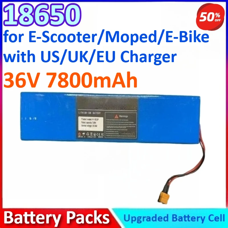 

18650 36V 7800mAh 500-800W 10S3P New Li-ion Battery Pack for E-Scooter/Moped/E-Bike,with BMS Protection with US/UK/EU Charger