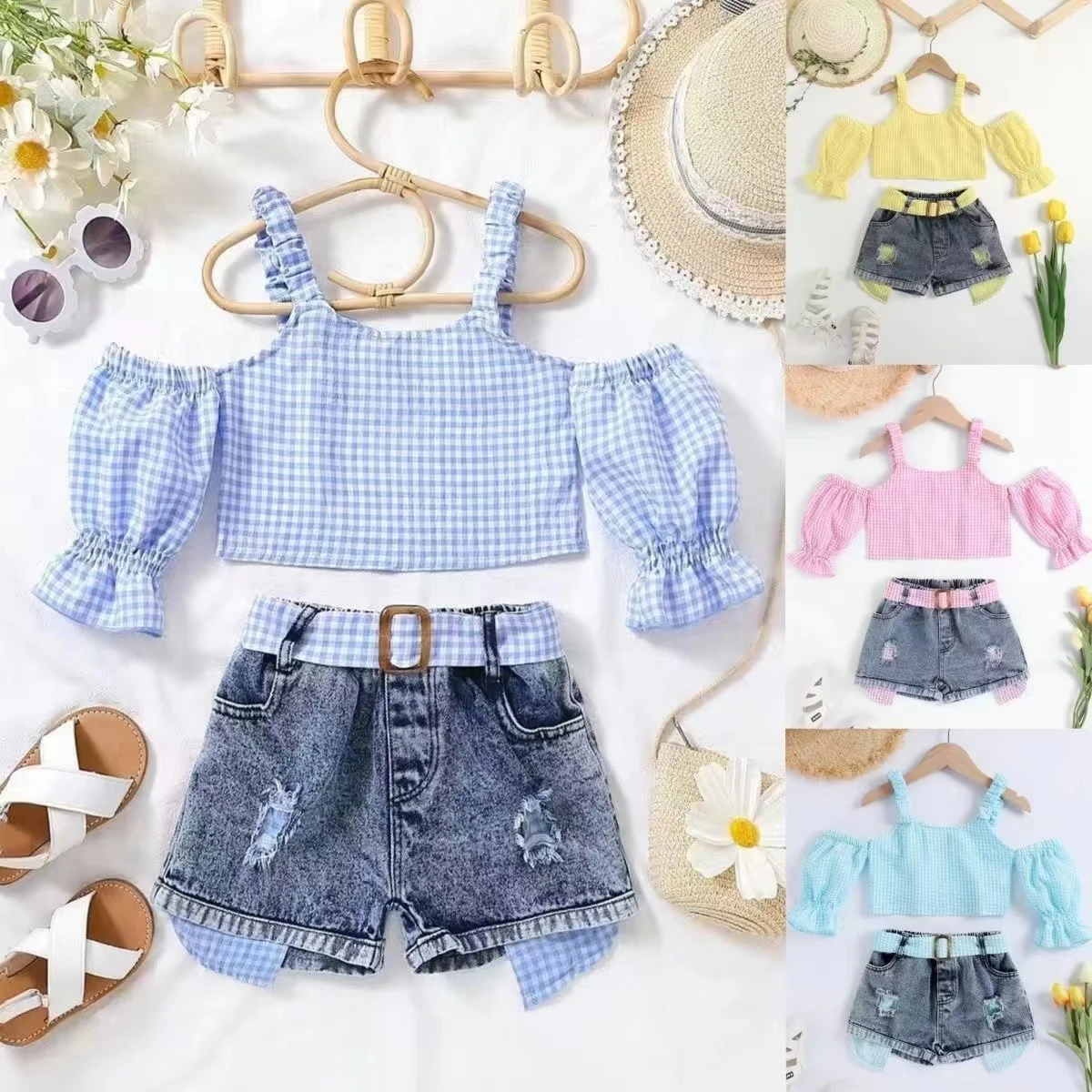 

Children's Clothing Summer New Girl Suspender Off Shoulder Bubble Sleeve Sweet Top+denim Shorts Two-piece Set Kids Outfits