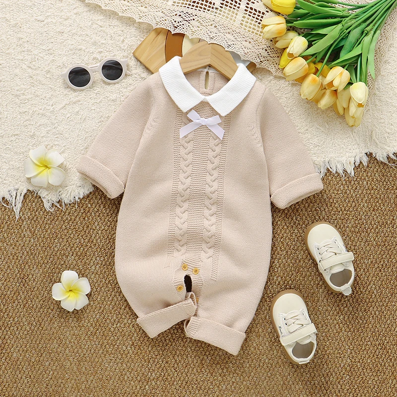 

Newborn Baby Rompers Knit Girl Boy Jumpsuit Long Sleeve Autumn Infant Kid Clothes 0-18M Fashion Solid Cute Bow Overalls Playsuit