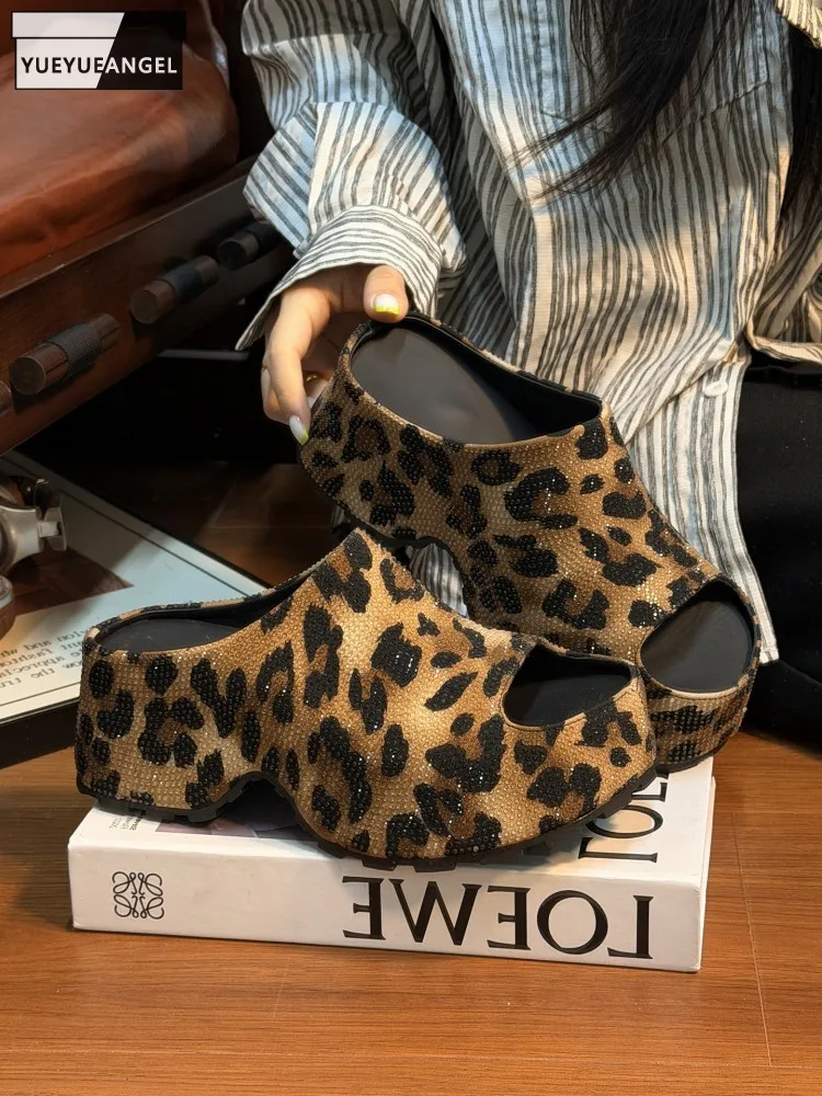 

Fashion Casual Women Summer Diamonds Split Leather Thick Platform Shoes Elegant Lady Slip On Open Toe Height Increasing Slippers