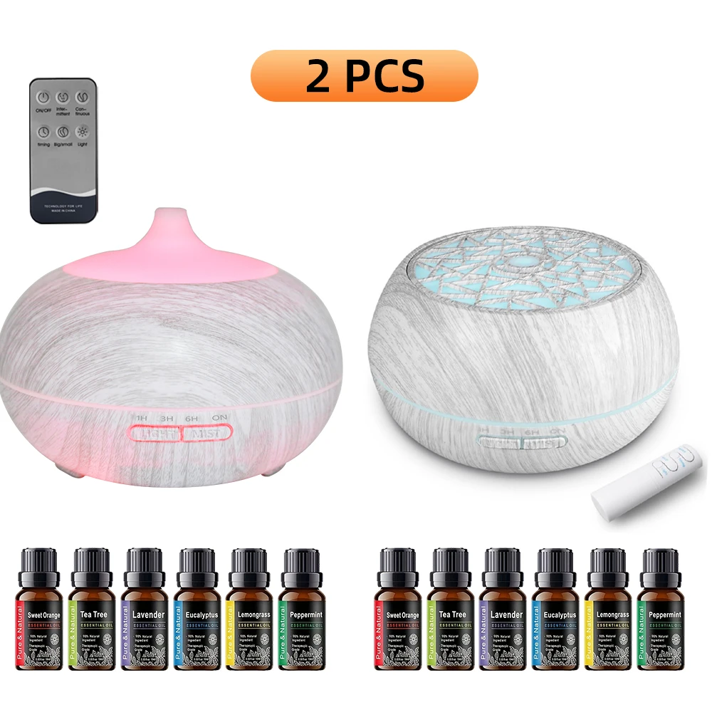 

Набор из 2-х аромадиффузоров и увлажнителей по 550 мл с пультом ДУ, 7-цветной LED-подсветкой, ультратихий, включает 12 эфирных масел